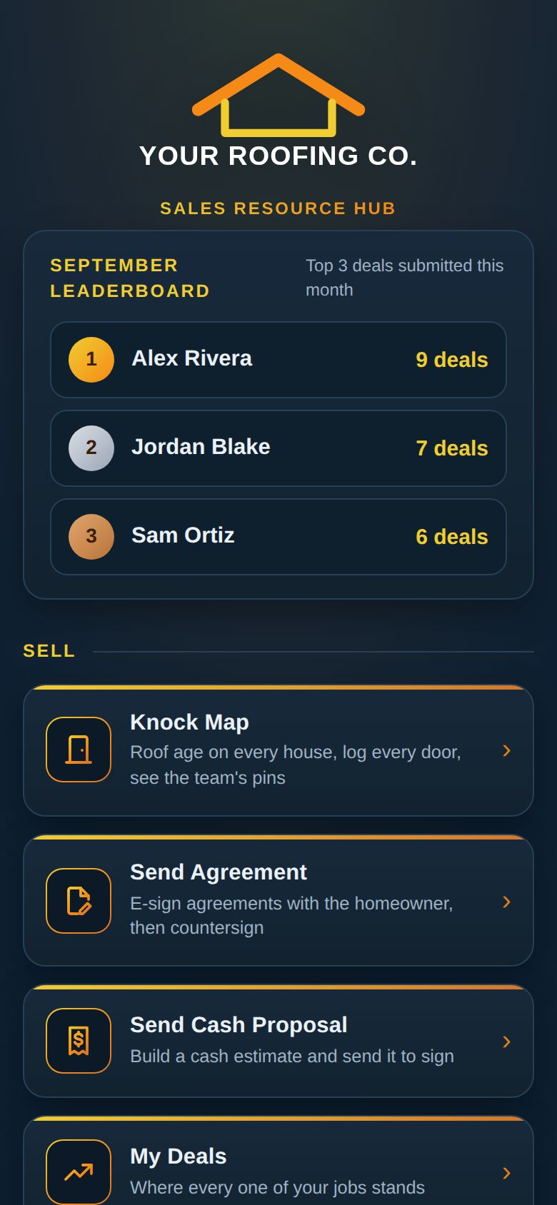 The app home screen with a monthly leaderboard and tool sections