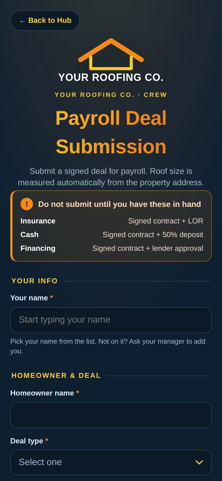 Closed-Deal Submission screen